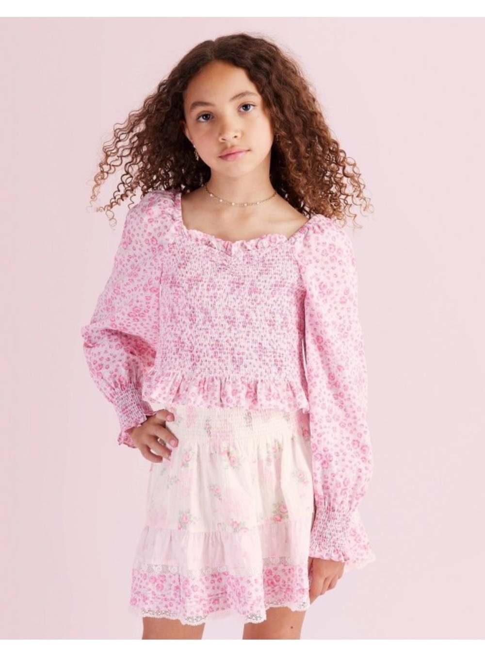 LoveShackFancy Pink Floral Smocked Long-Sleeve Top